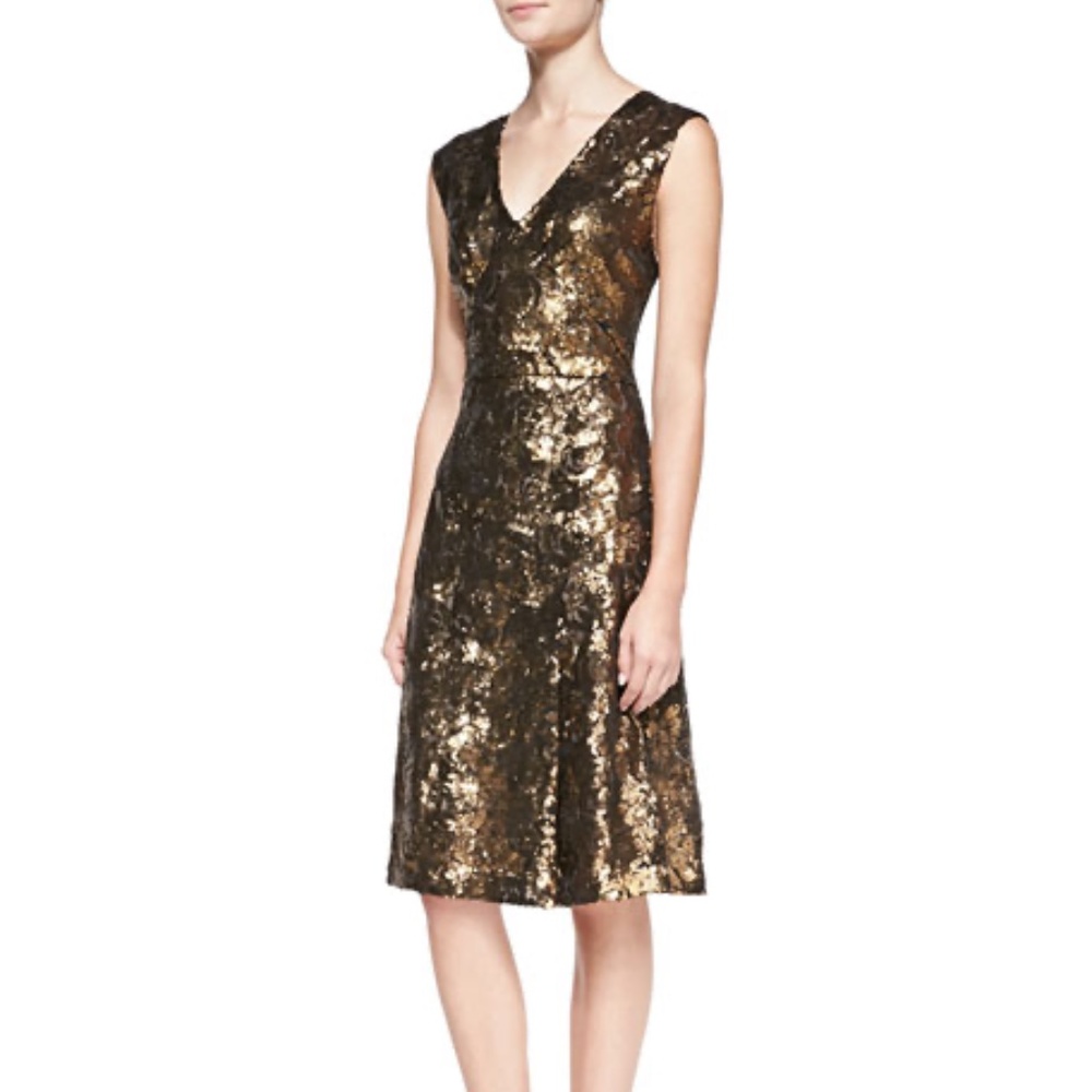 Tracy Reese Silk Gold Sequined Lace-Back Sleeveless Cocktail Midi Dress
